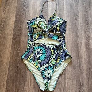 Aerie Blue and Green One Piece Swimsuit with Keyhole Detail